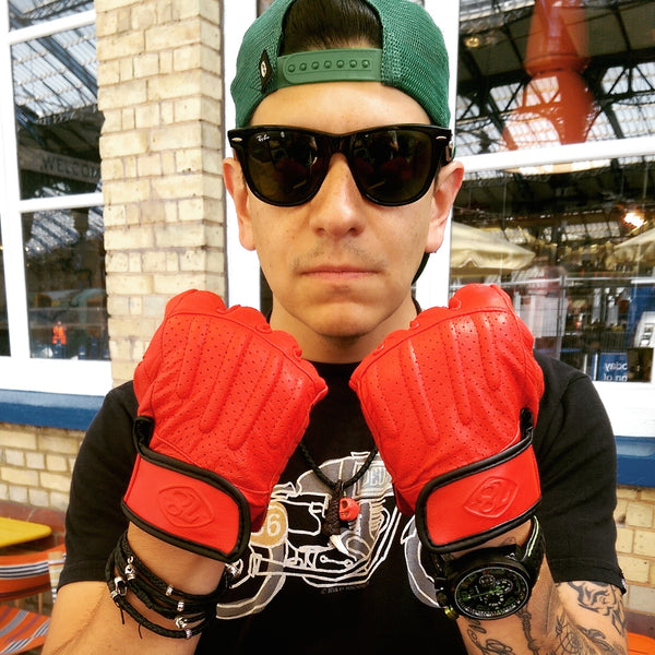Cool guy wearing Red leather motorcycle gloves by 78 MC