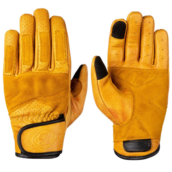 A pair of Seraph motorcycle gloves by 78 Motor Co., featuring a yellow-brown color with black accents on the knuckles and a velcro strap on the wrist.