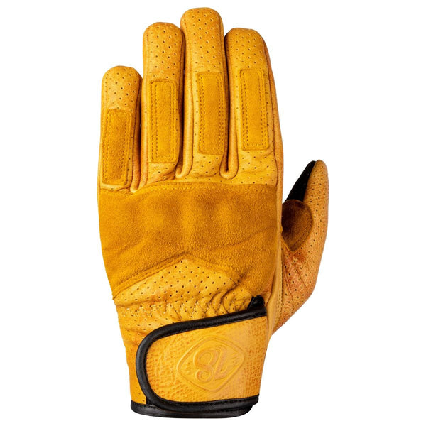 Luxury leather motorcycle gloves with yellow suede and perforated leather with knuckle protection covered in Suede.