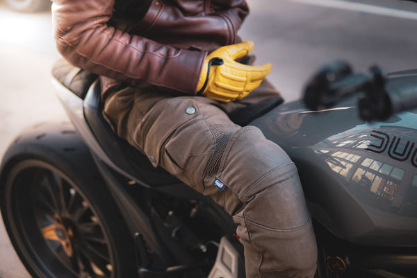 COOL YELLOW MOTORCYCLE GLOVES BY 78 MOTOR CO WITH A DUCATI MOTORCYCLE